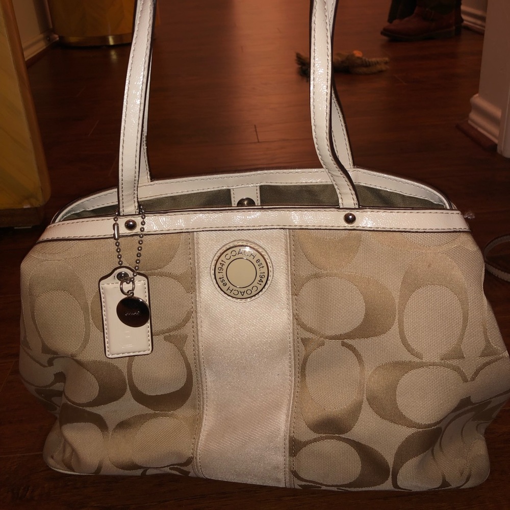 Cream and white Coach Sateen purse